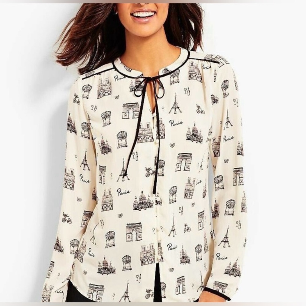 Talbots Paris Print Chiffon Blouse size L Business Casual